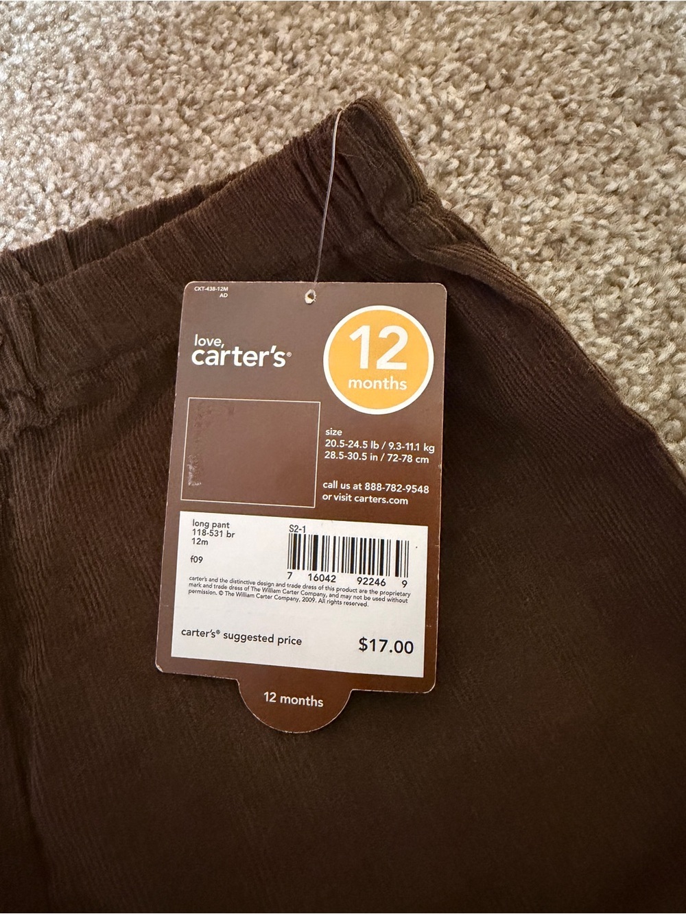 NWT Y2K Carter's Brown Corduroy Ruffle Girls Pants 12M - Picture 4 of 5